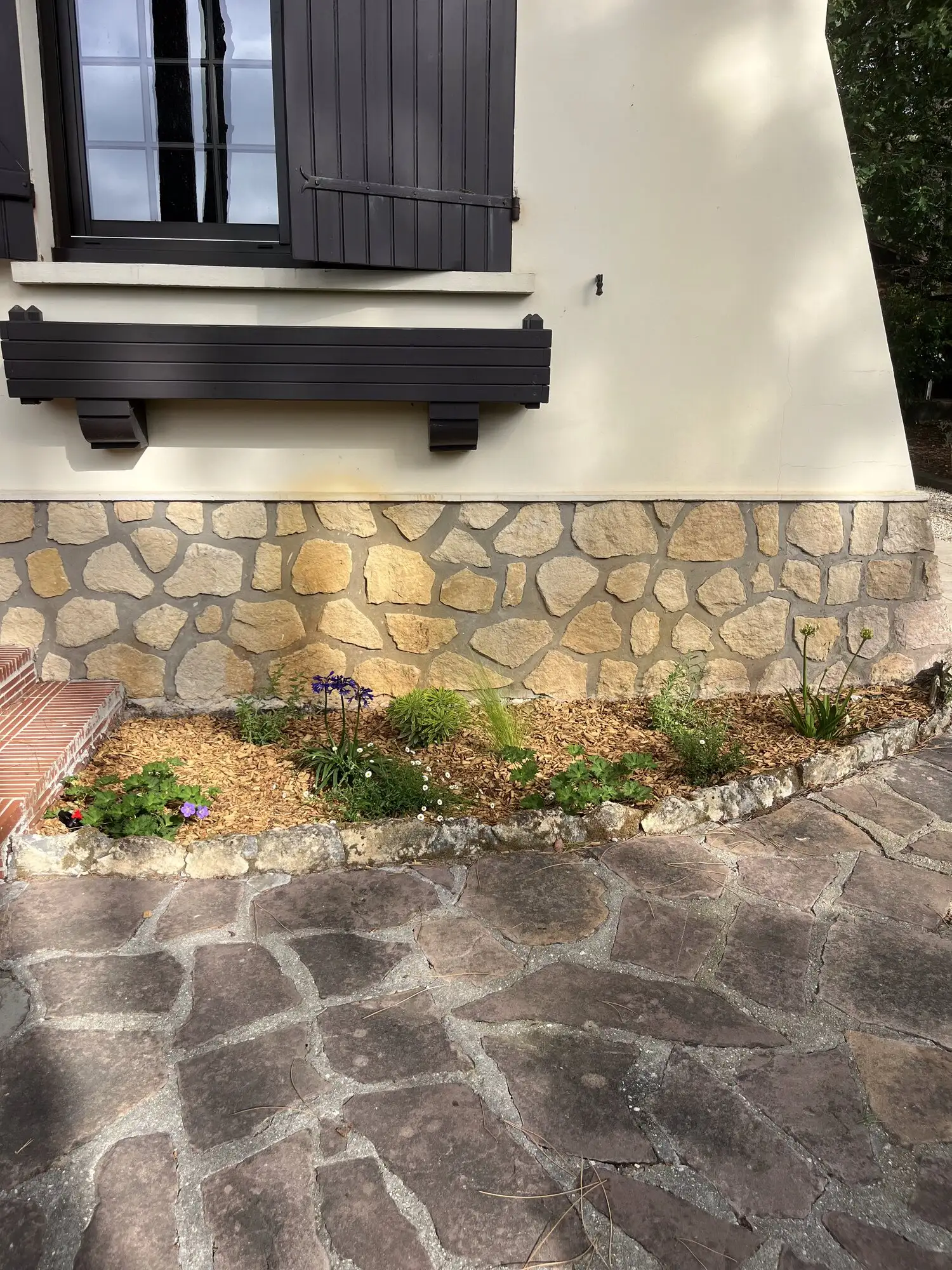 Le même angle après plantation, massif paillé le long de la terrasse