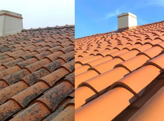 Toiture en tuiles avant et après démoussage : à gauche les tuiles couvertes de mousse et de lichen, à droite les mêmes tuiles nettoyées