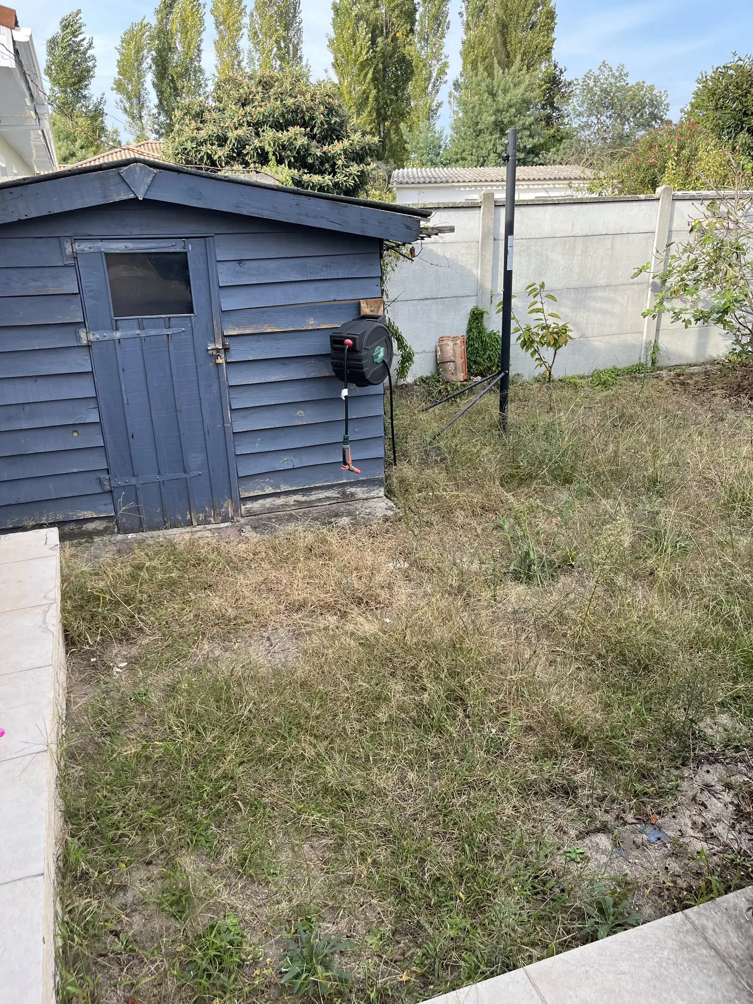 Abords d'un abri de jardin envahis par les herbes sèches, avant intervention
