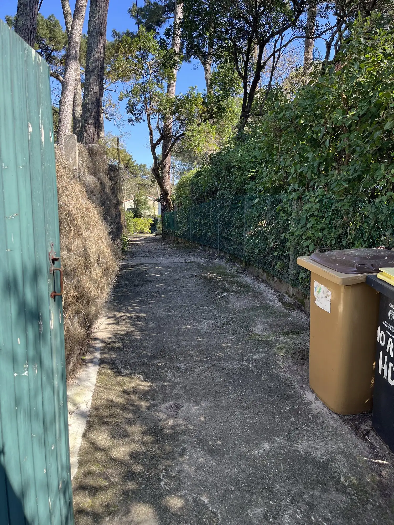Descente en pente douce vers la rue, le long de la haie